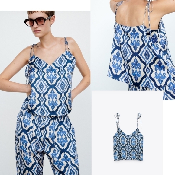 Zara Satin Silky Abstract Print Joggers And Tied Top Set In Cream & Blue Size S - Picture 16 of 16